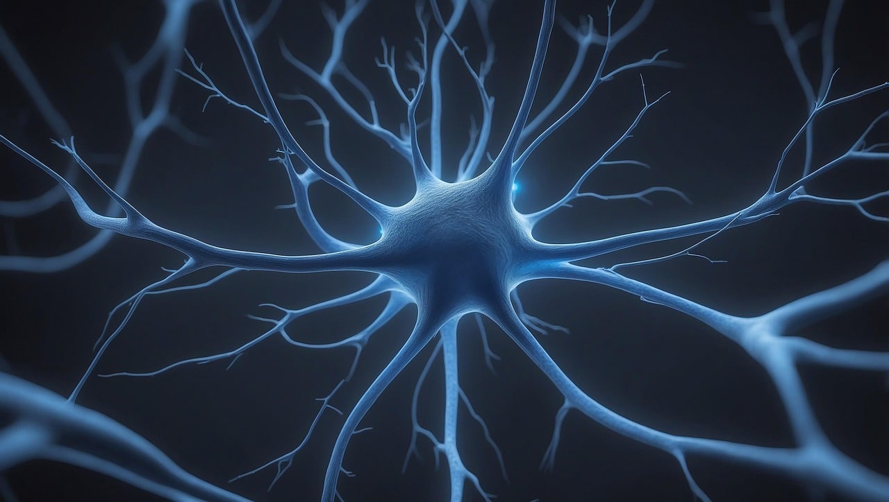 Illustration of a neuron showing brain pathways involved in trauma processing and cognitive behavioral therapy